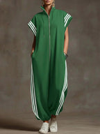 Fashionable Stripe Zipper Stand Collar Jumpsuit for Spring and Summer
