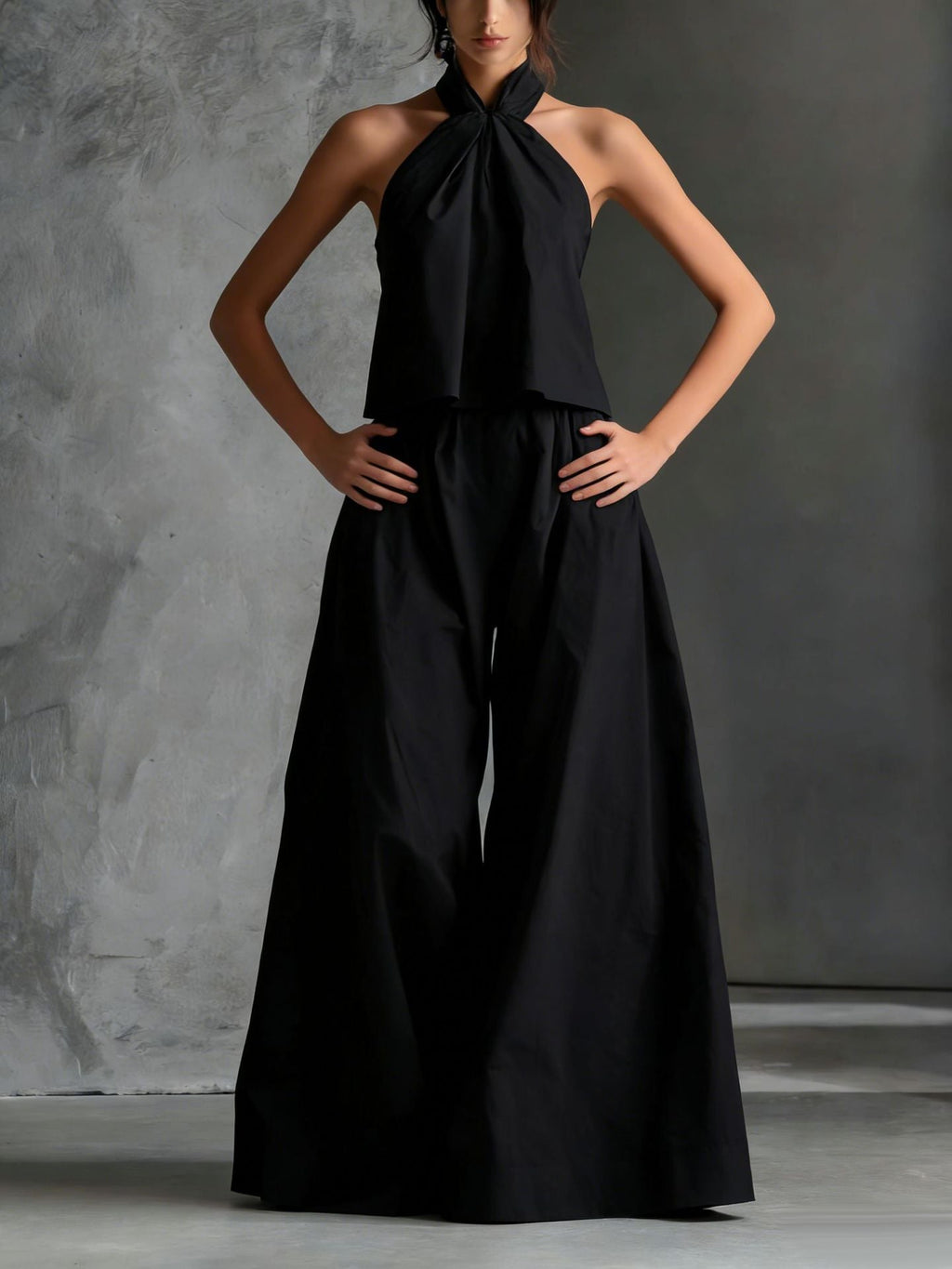 Women's loose sleeveless top and high-waist wide-leg pants set by Plush Fashion Hub, in four colors, casualwear style.