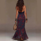 Women's Floral Print Halter Neck Deep V Lace Trim Mermaid Maxi Dress