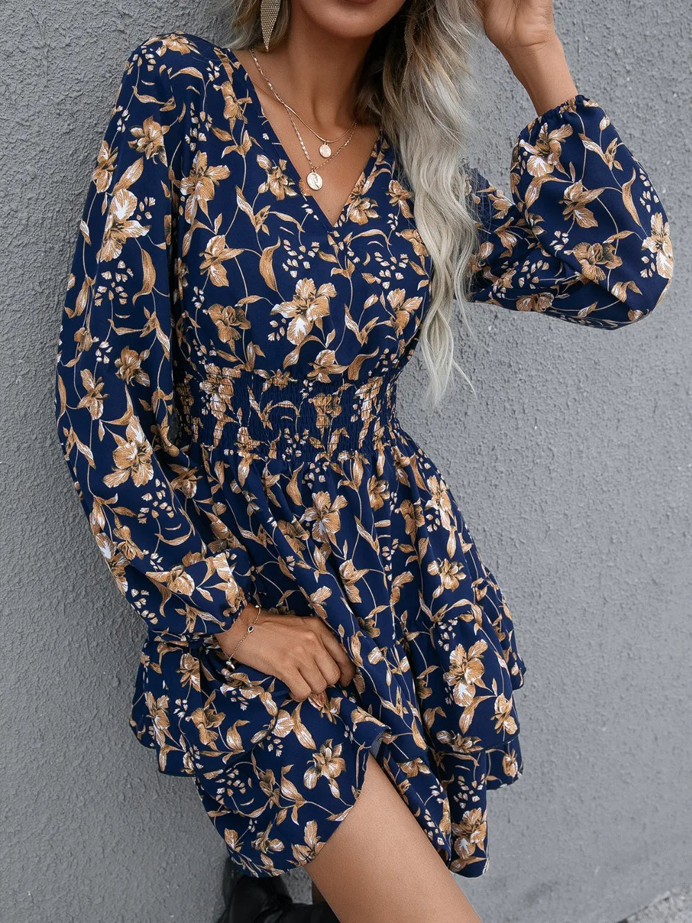Floral layered surplice balloon sleeve dress in casualwear style by Plush Fashion Hub, featuring a floral pattern and flowy design.