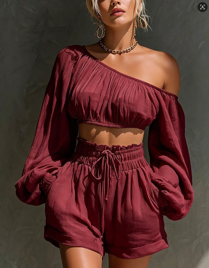 Shoulder long sleeved short top+high waisted casual shorts set for women