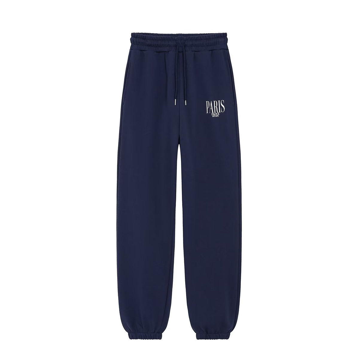 Navy blue fleece sweatpants with elastic drawstring waist, cuffed ankles, and white "PARIS" text on the left leg.