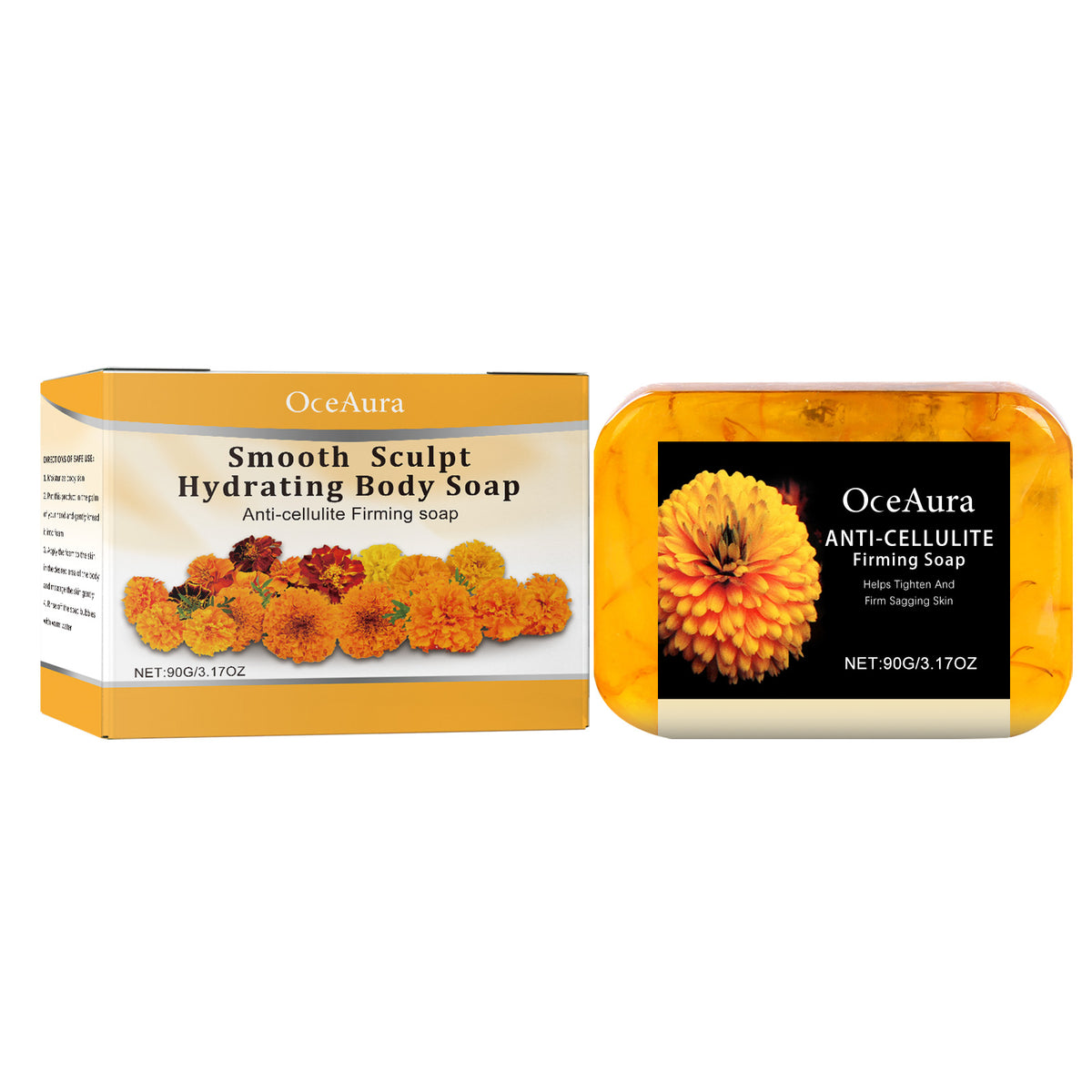 OceAura anti-cellulite body soap bar in yellow, featuring marigold graphics on the box and bar.