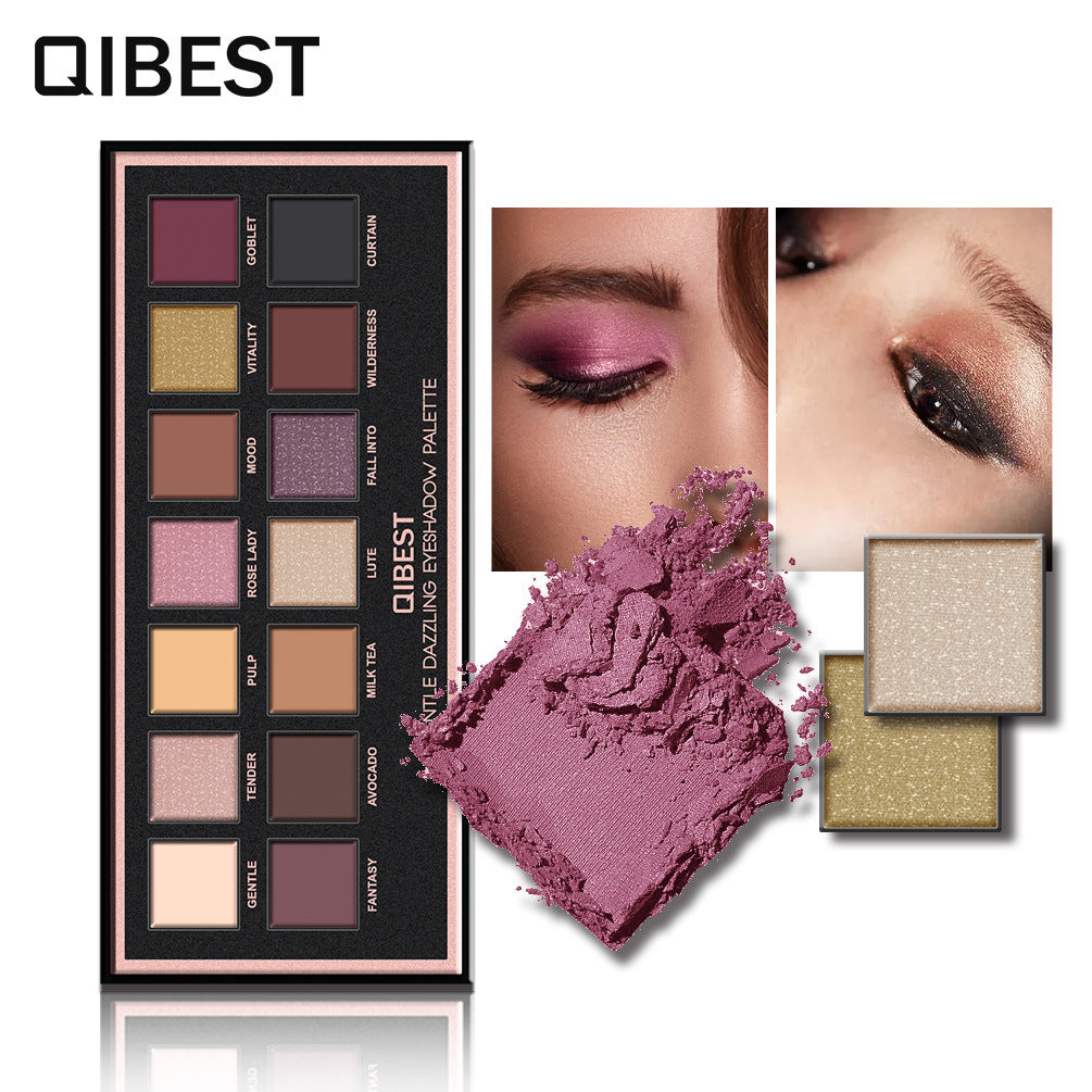 Qibest eyeshadow palette featuring matte and metallic shades in pink, brown, gold, and neutral tones.