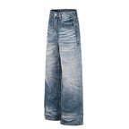 High-rise, wide-leg denim jeans in a medium-blue gradient washed finish with classic five-pocket styling.