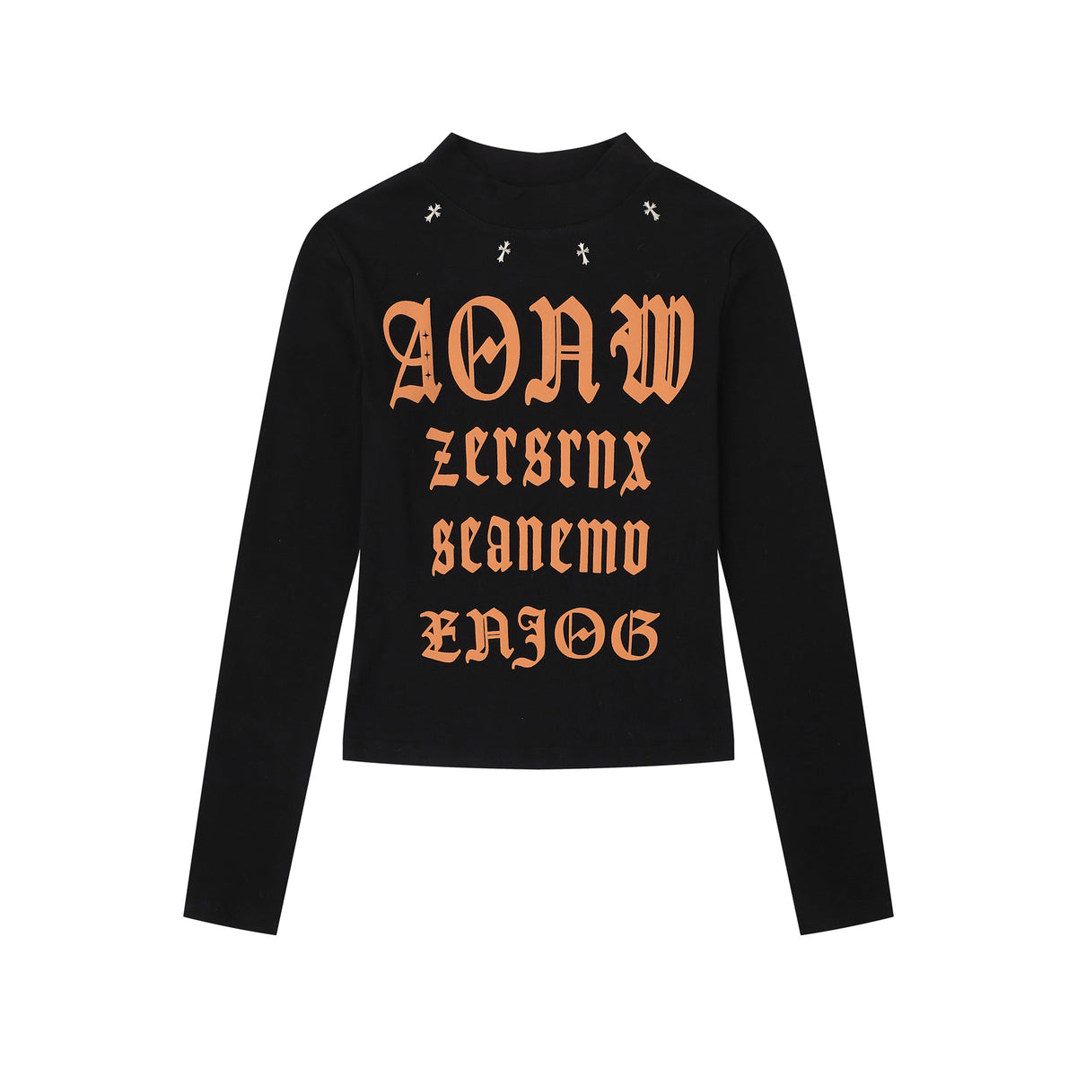 Eprolo high street goth spliced letter crop top with semi-high neck, slim fit, short length, stylish and sexy design.