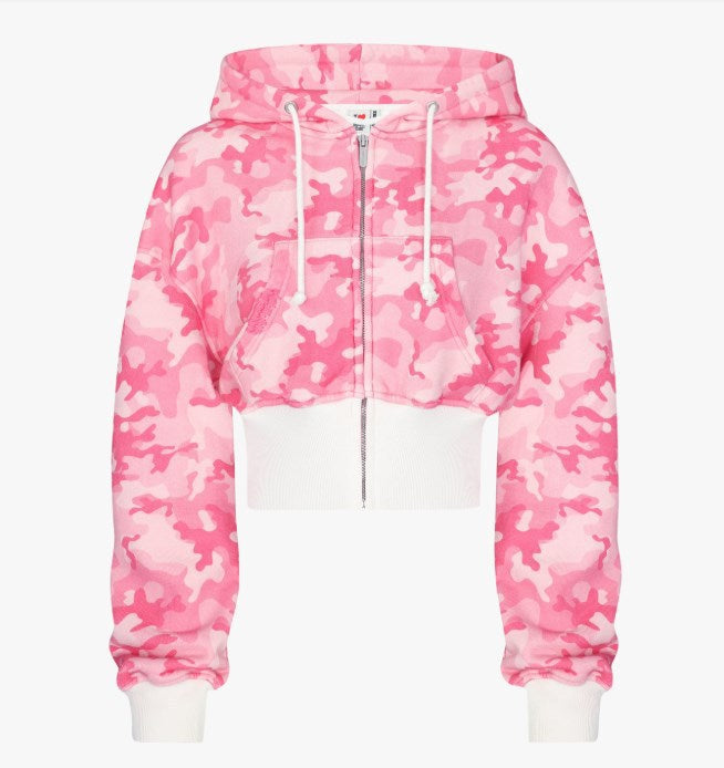 Style Pink Camouflage Print Casual Set High Street Hip-Hop Zipper Jacket with Tie Waist Pants