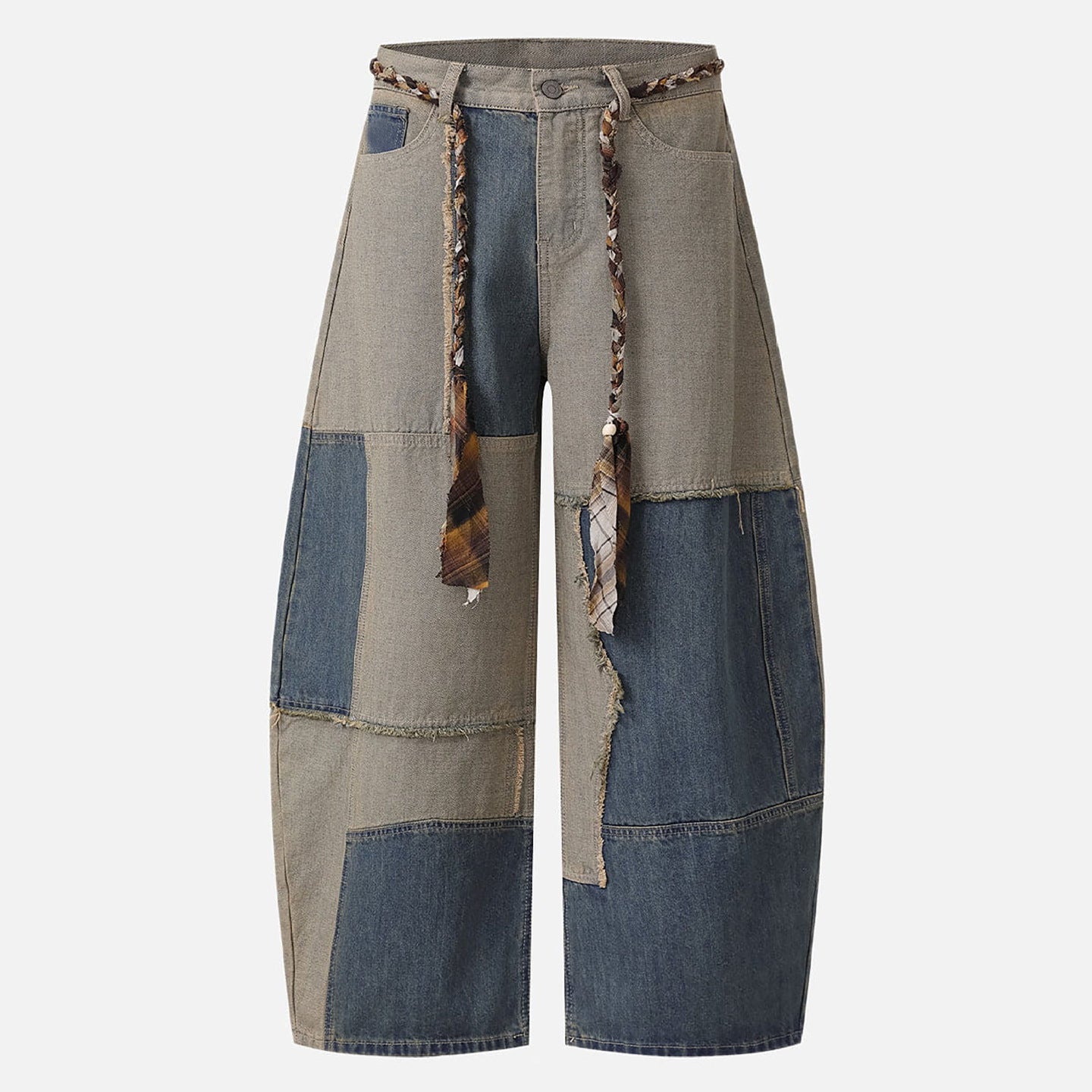 Two-tone patchwork raw edge lash hem denim jeans with belt by Plush Fashion Hub, showcasing stylish distressed details and casual fit.