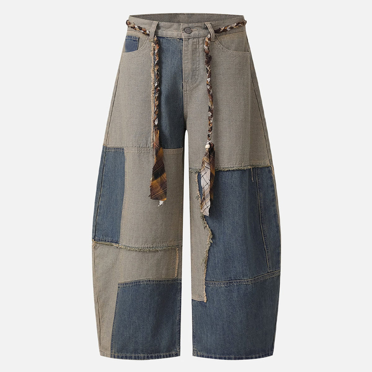 Two-tone patchwork raw edge lash hem denim jeans with belt by Plush Fashion Hub, showcasing stylish distressed details and casual fit.