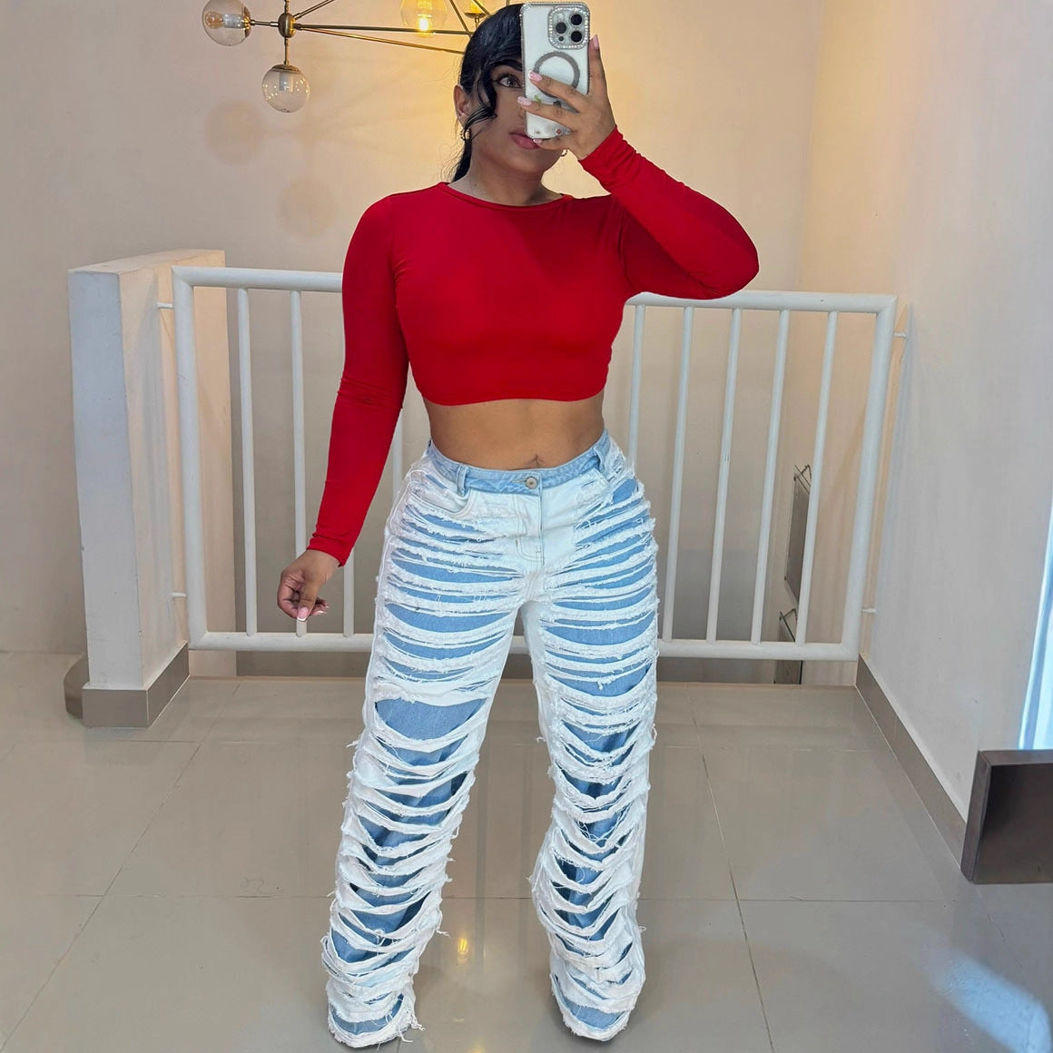 Eprolo women's straight leg jeans with double-layer washed distressed casual style, featuring a relaxed fit and trendy design.