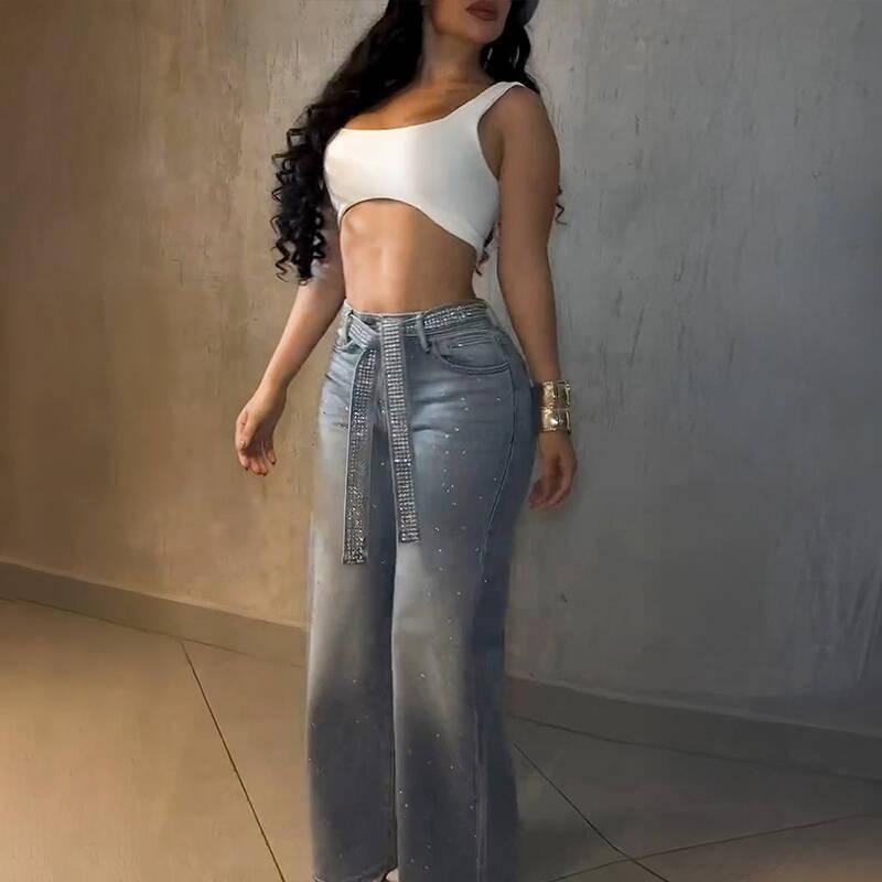 Rhinestone embellished high-waisted wide leg jeans by Plush Fashion Hub, featuring sparkling rhinestones and a stylish wide-leg fit.