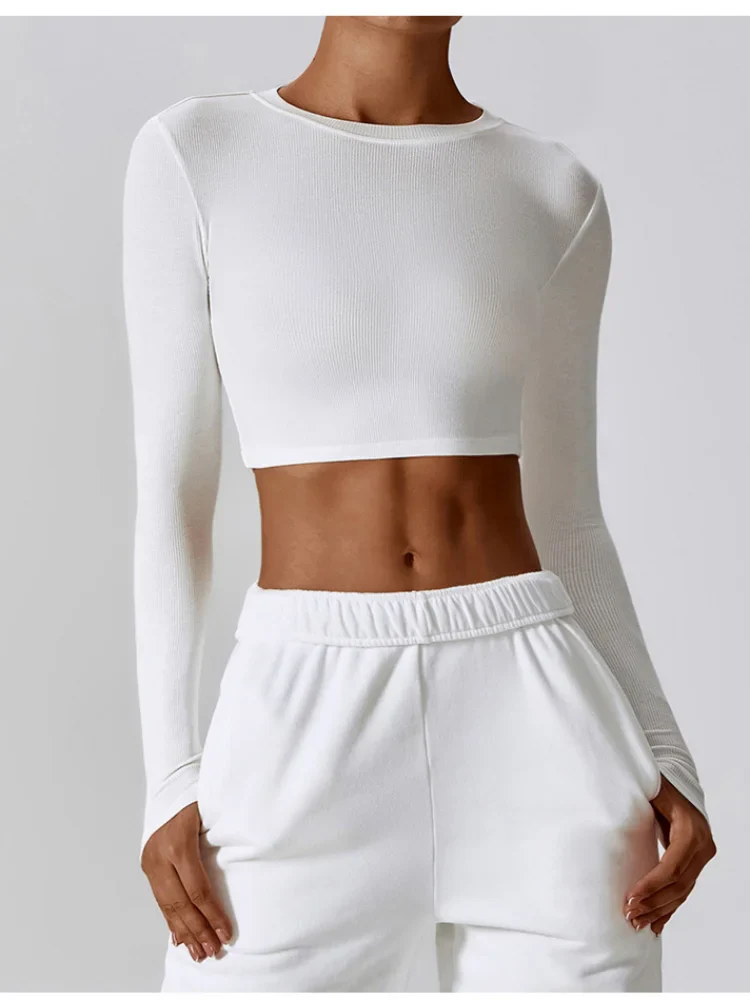 Plush Fashion Hub women's slim fit long sleeve yoga top in activewear, made of stretchy fabric for comfortable movement.