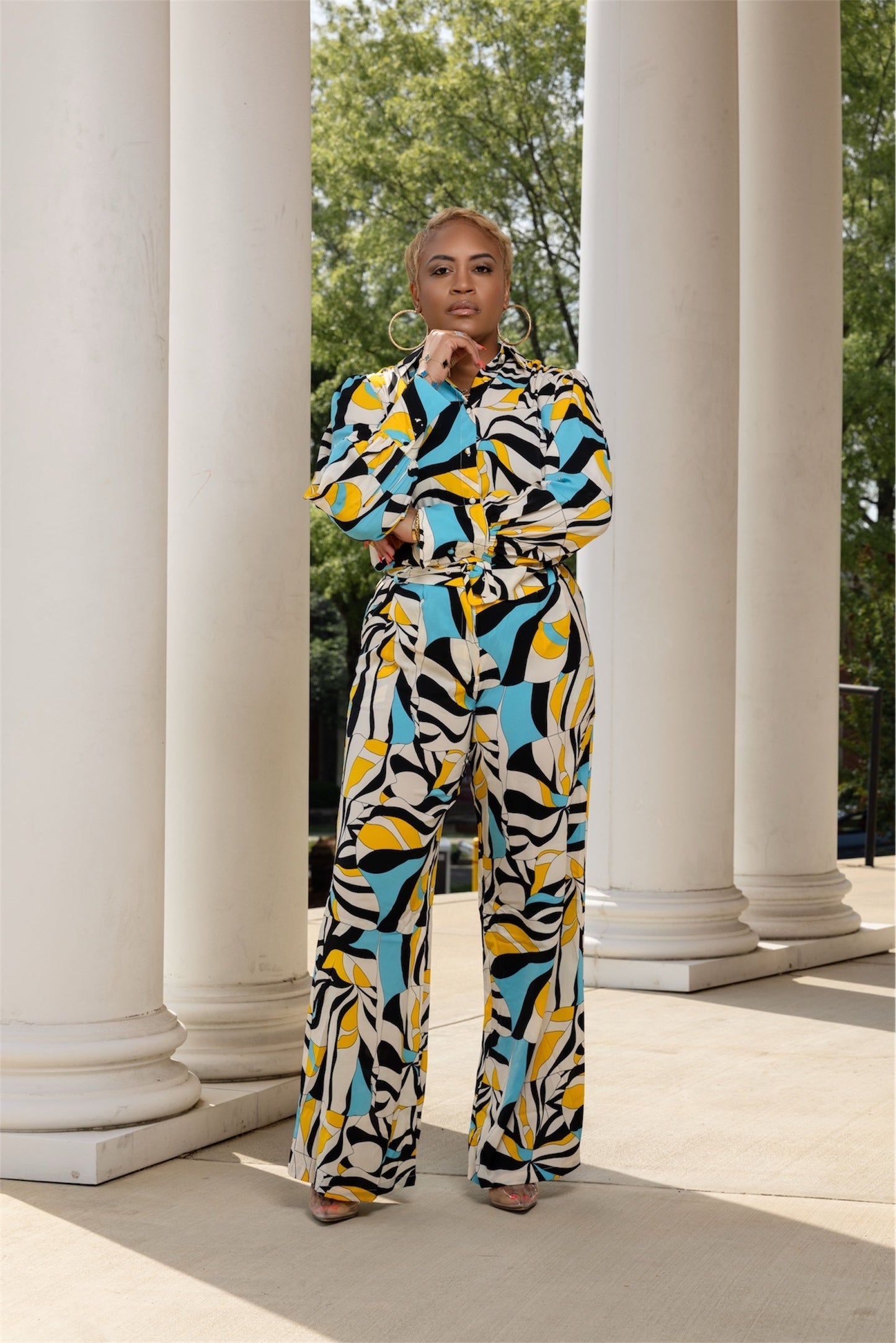 Blue, Yellow & Cream Abstract Pant & Blouse Set The Bella Noire Store