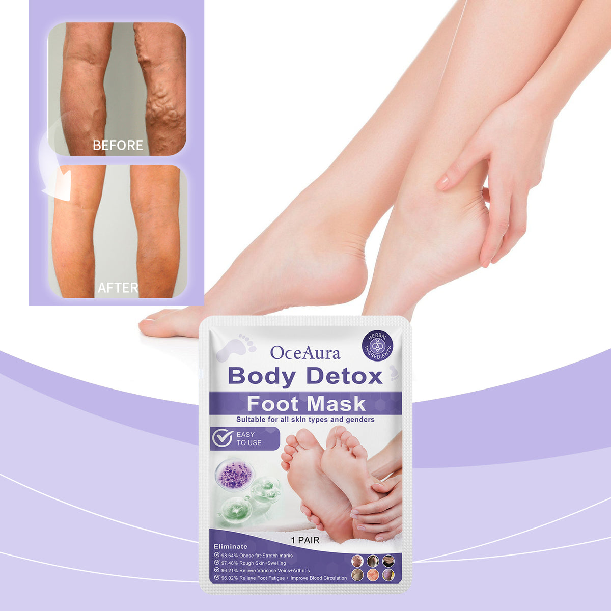 OceAura Body Detox Foot Mask in a white and purple foil pouch with feet, leaf, and before-and-after graphics.