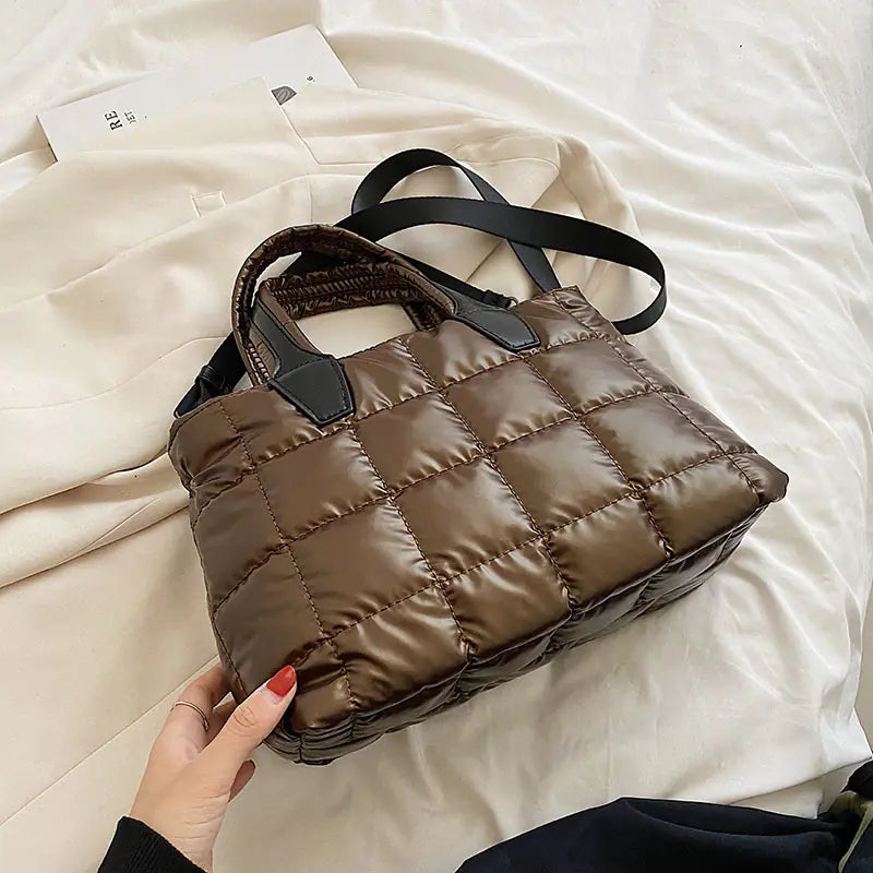 Fashionable plaid stitching women’s shoulder purse with stylish design, featuring a trendy, compact look for everyday use.