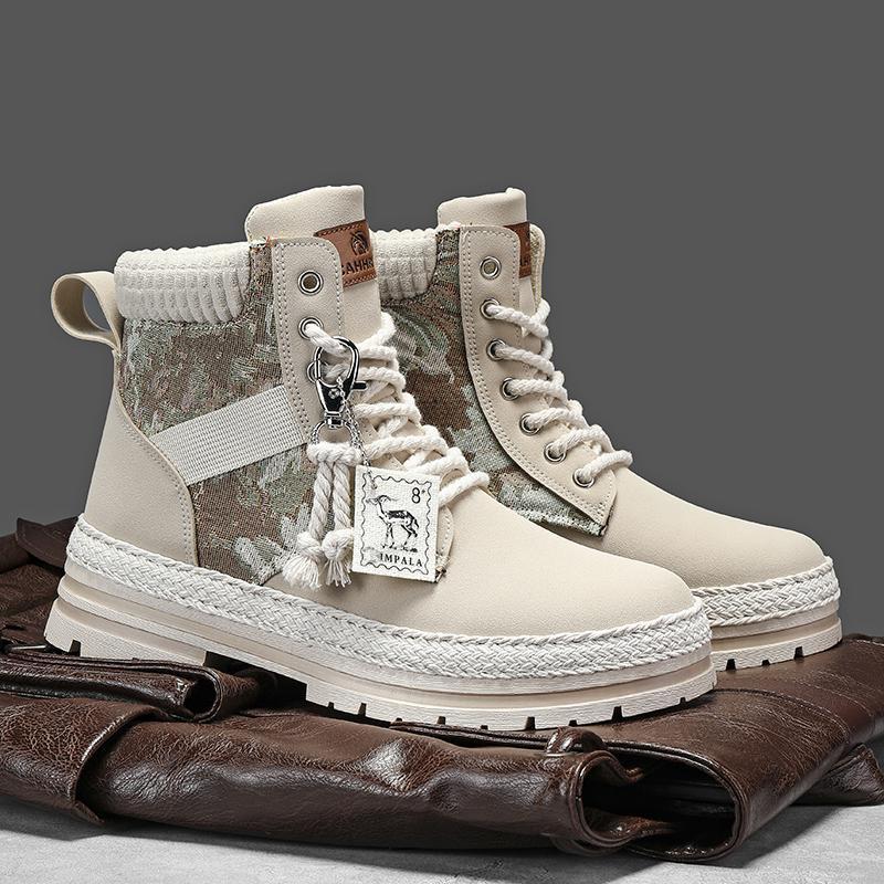 Beige suede ankle boots with camouflage fabric panels, thick laces, knit collars, and rope trim on the platform soles.