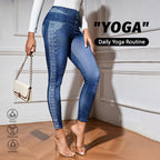 Denim-look high-waist butt-lifting yoga leggings by FitiqueFit, featuring slimming elastic fabric for a comfortable workout fit.