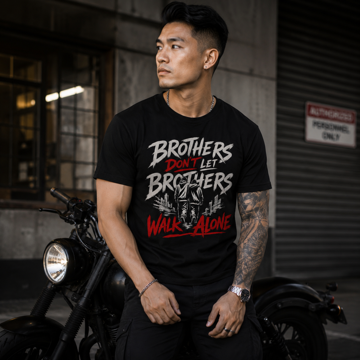 Wear Your Worship Brothers Don't Let Brothers Walk Alone T-Shirt featuring bold black text on a casual fabric tee.