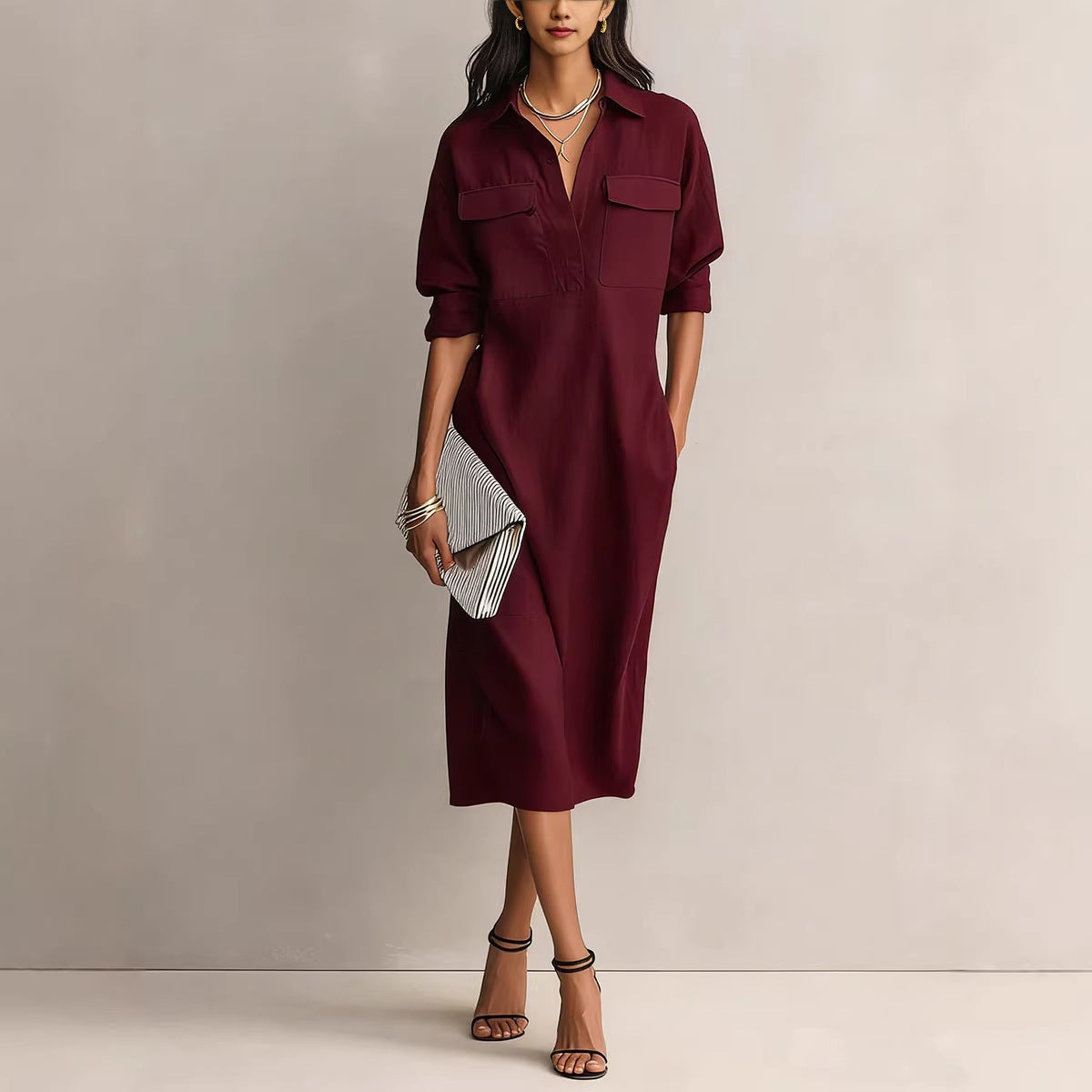 Elegant solid color eprolo office casual fitted mid-length dress, stylish and comfortable for professional wear