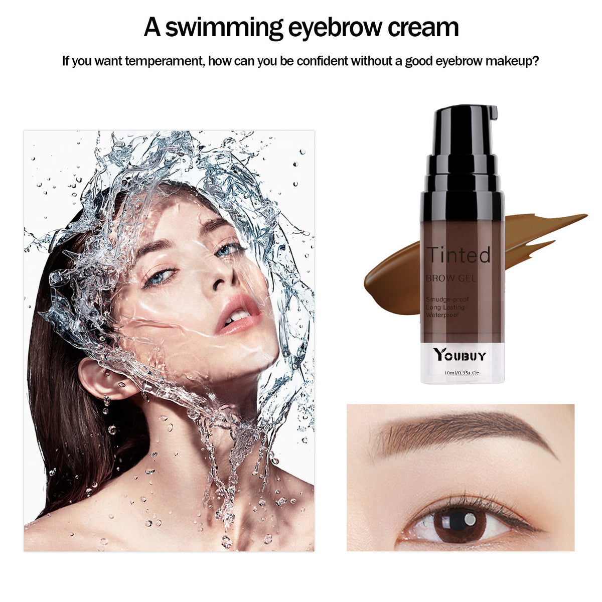 YOUBUY Tinted Brow Gel in a small, clear plastic pump bottle with a black cap, beside brown gel swatches.