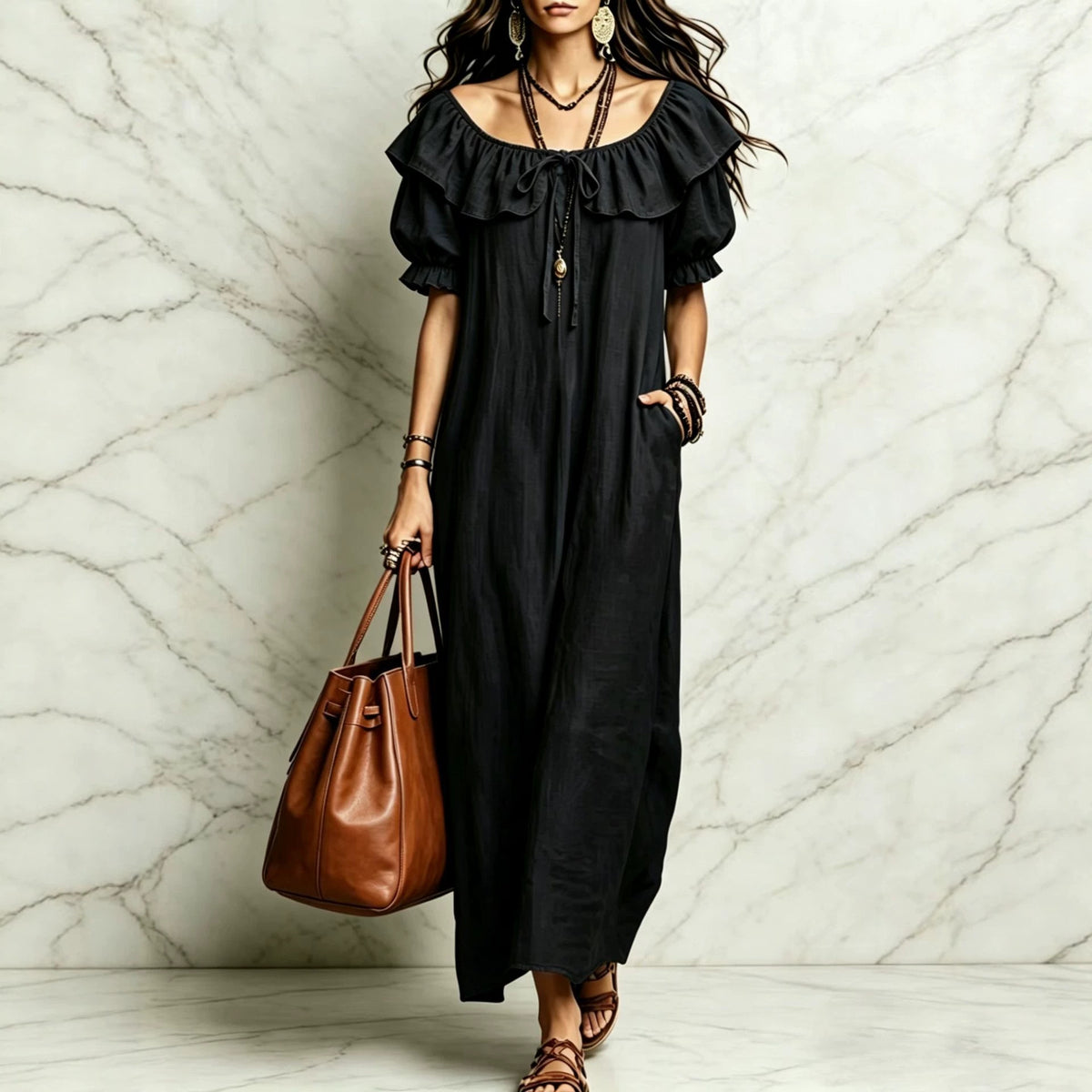 Eprolo casual elegant round neck ruffle beach vacation dress for women, lightweight with a flowing silhouette and ruffle details.