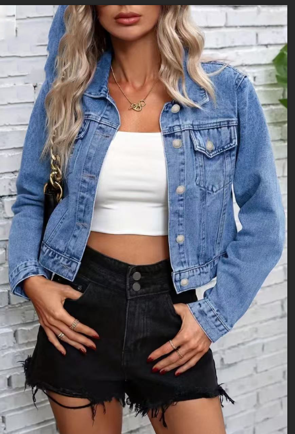 Women's long sleeve denim jacket by FitiqueFit featuring a streetwear flip collar and classic jean style.