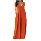 Summer NewWomen's Plus Size Solid Color Dress Sexy Deep V Neck Short Sleeve Long Dress