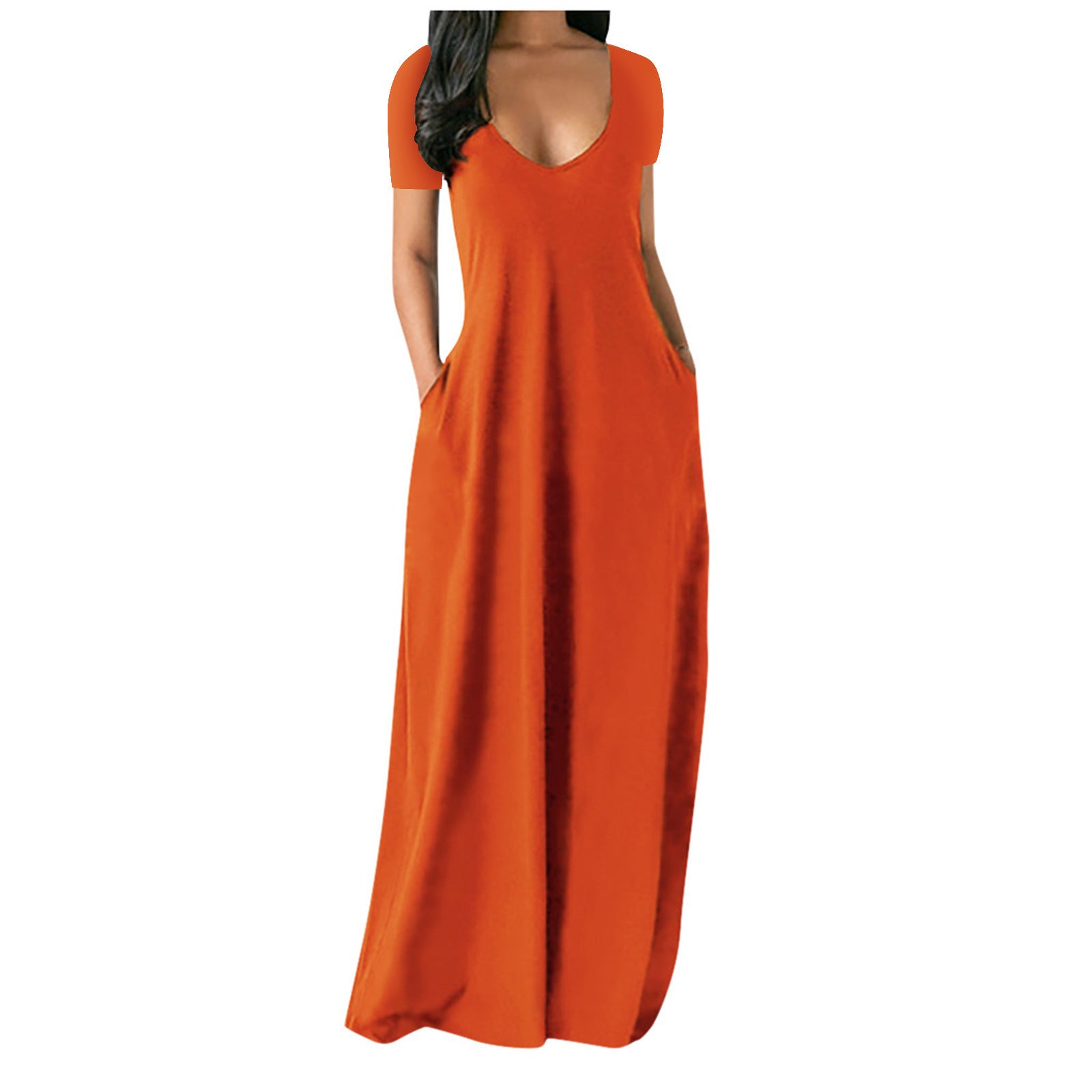 Summer NewWomen's Plus Size Solid Color Dress Sexy Deep V Neck Short Sleeve Long Dress