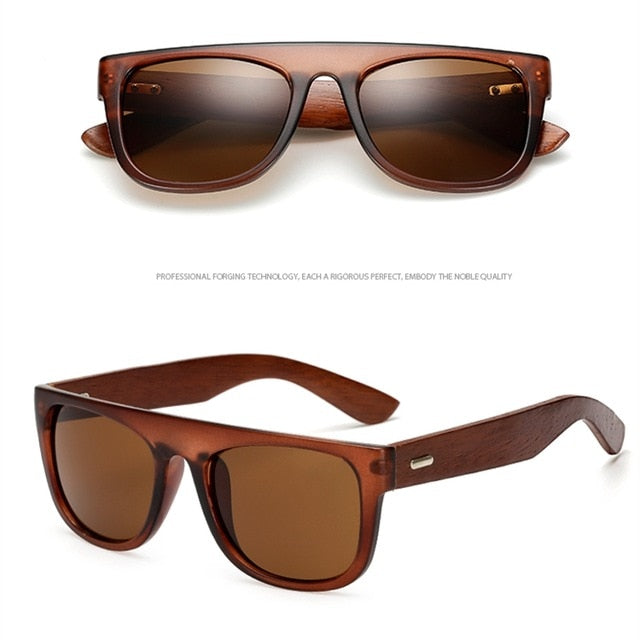 Black bamboo wooden arms sunglasses for men and women by FitiqueFit, stylish eye wear with natural wooden accents.