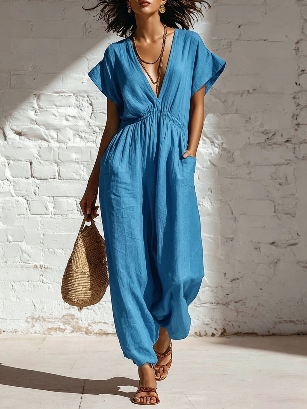 Women's deep V-neck three-quarter sleeve high waist wide-leg pants by FitiqueFit, shown in a stylish, flattering fit.