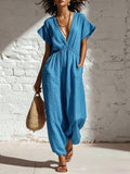 Women's deep V-neck three-quarter sleeve high waist wide-leg pants by FitiqueFit, shown in a stylish, flattering fit.