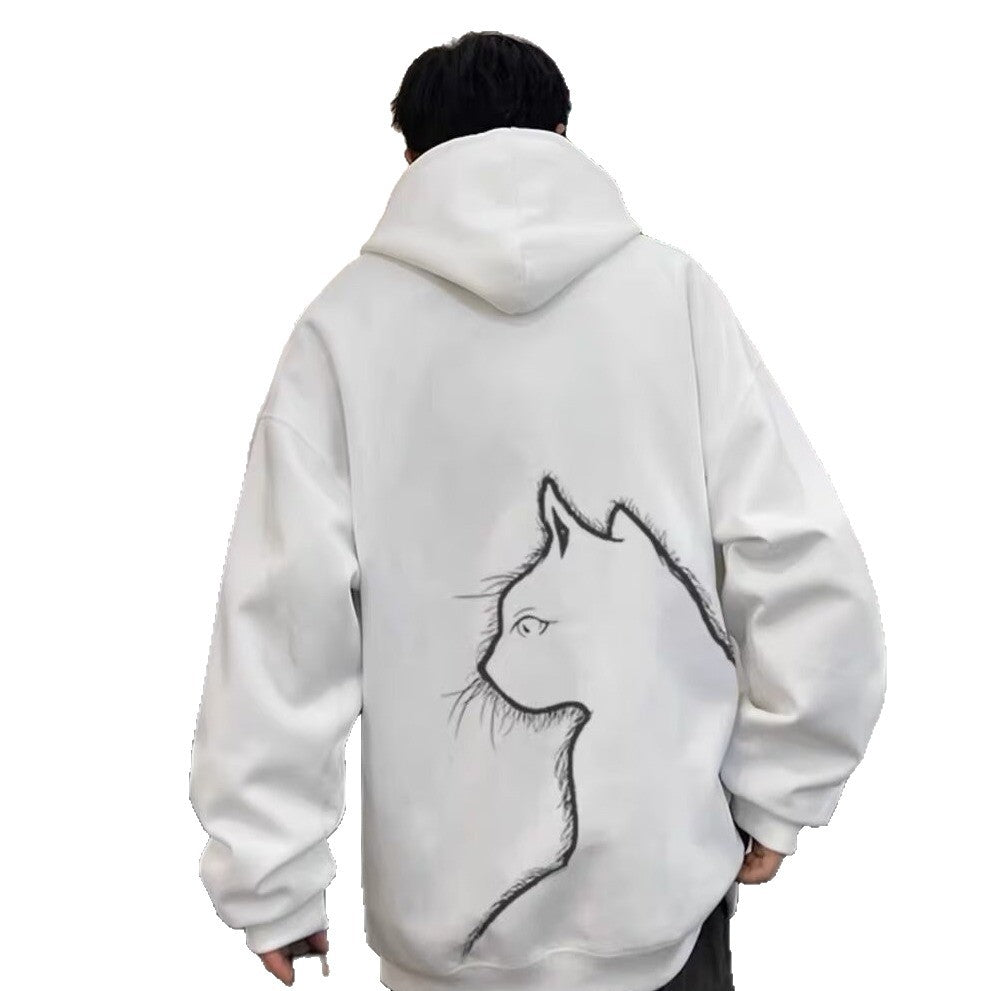Back view of a person wearing a white hoodie with a black sketch cat graphic on the back.