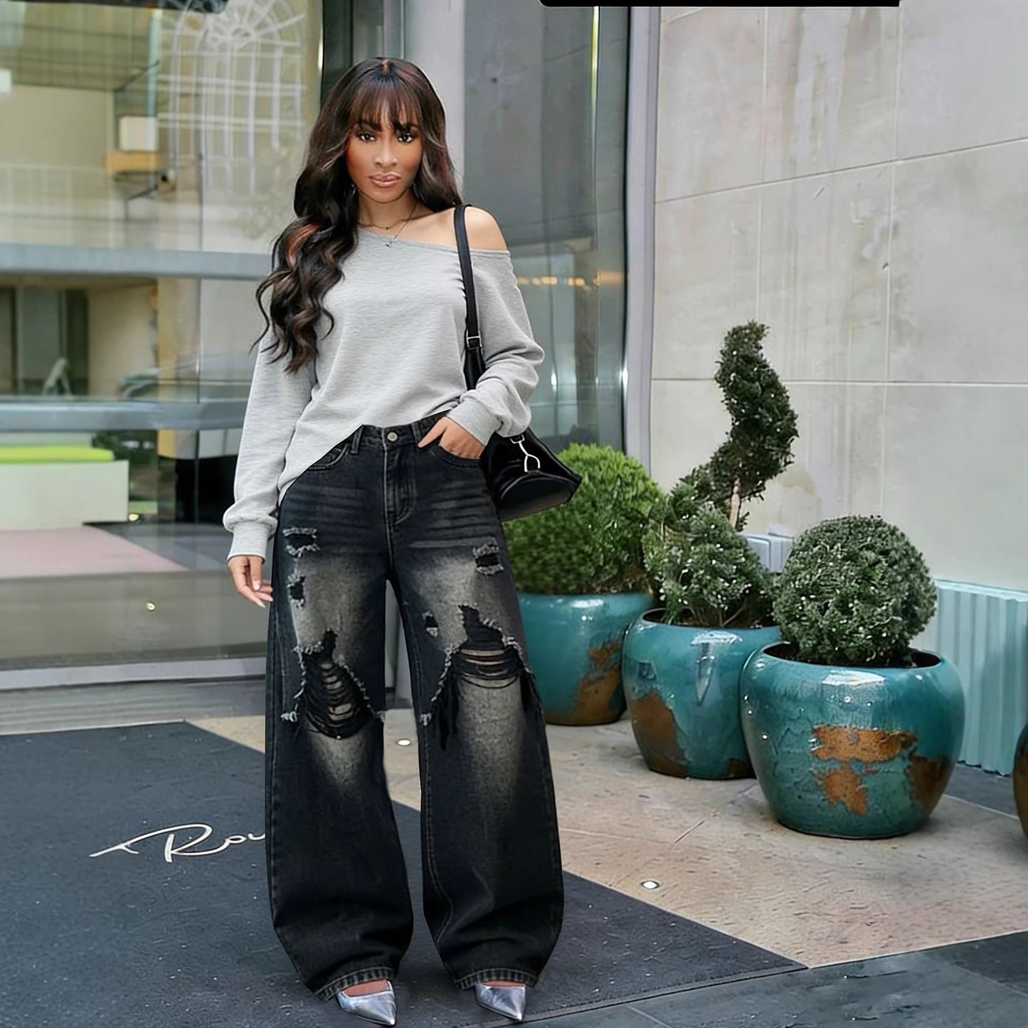 Layered patchwork ripped washed denim straight leg jeans by Plush Fashion Hub, showing distressed details and classic fit.