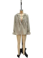 Lotus leaf edge half zipper V-neck lace flared sleeve long sleeved top