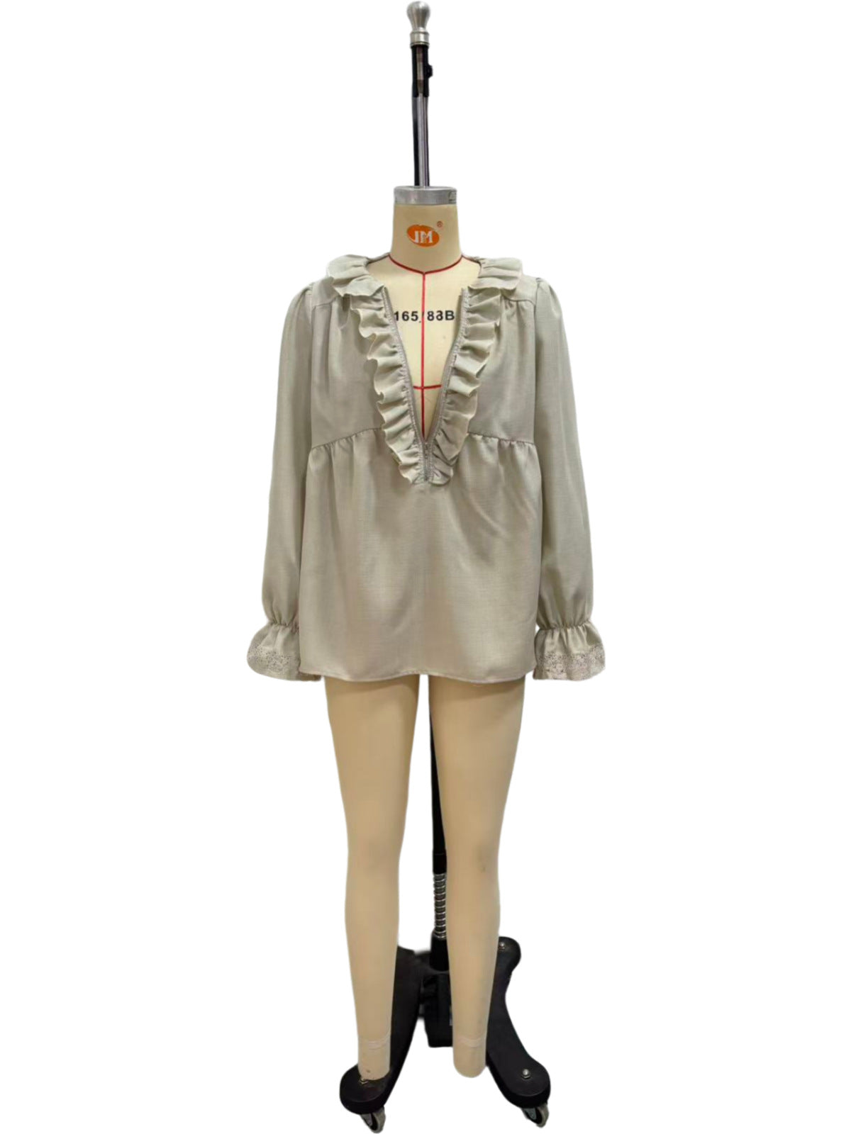 Lotus leaf edge half zipper V-neck lace flared sleeve long sleeved top