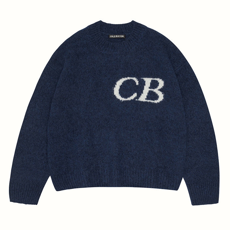 Unisex Casual Oversized CB Letter Knit Crew Neck Sweater