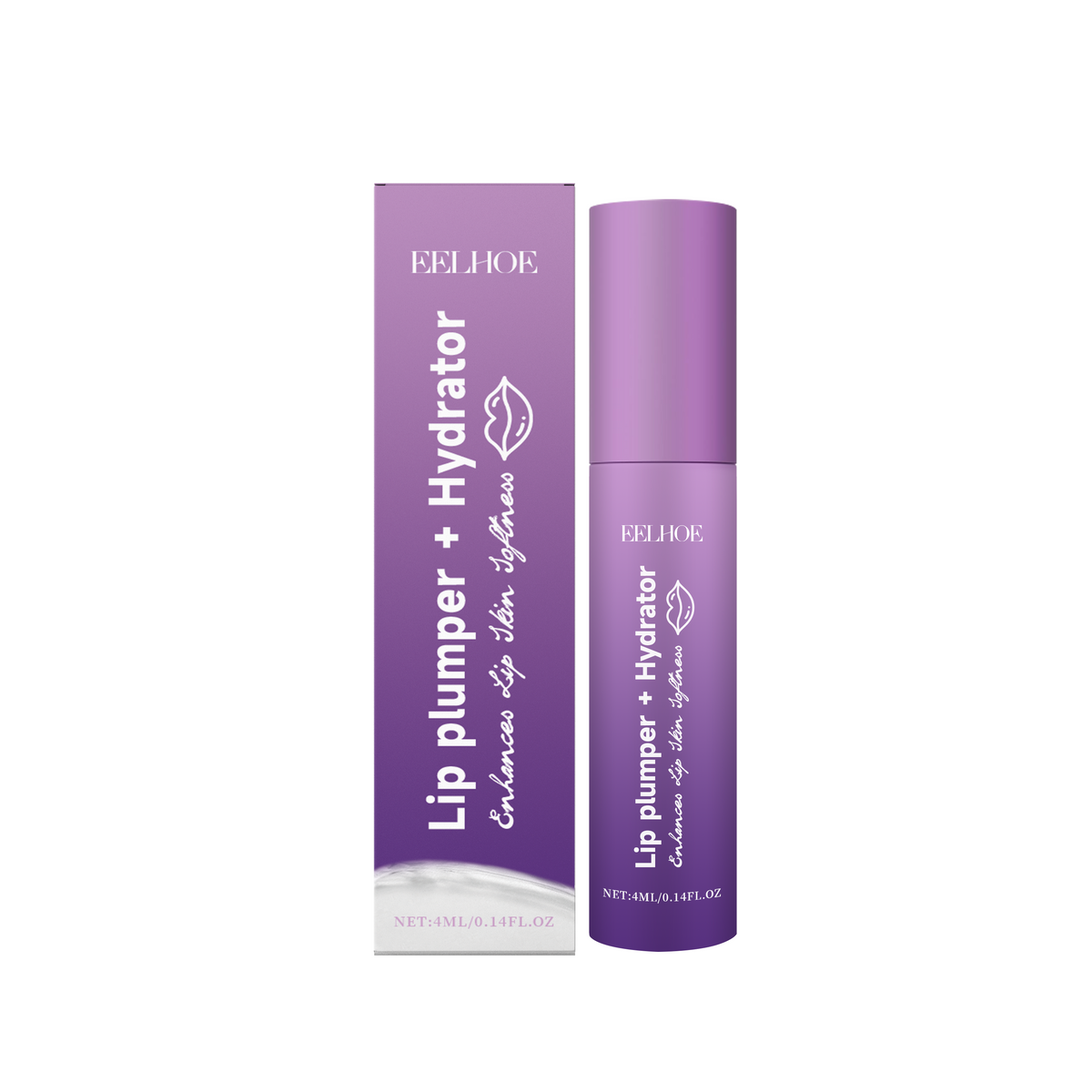 Purple EELHOE lip plumper and hydrator tube with matching box, featuring white text and a lip icon.
