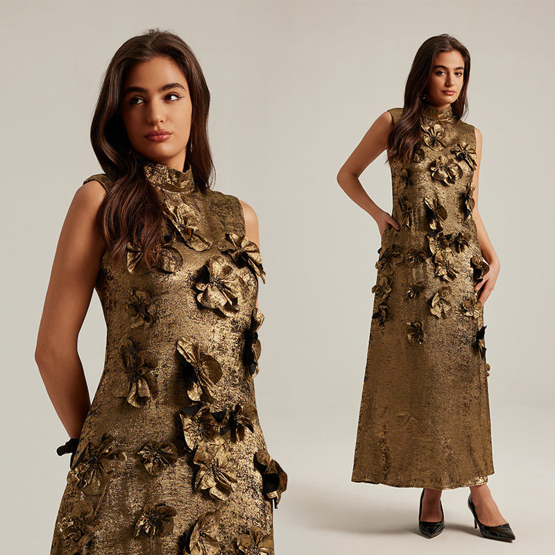 Three-dimensional floral sleeveless A-line dress by Plush Fashion Hub, featuring vibrant flower embroidery and casual wear style.