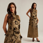 Three-dimensional floral sleeveless A-line dress by Plush Fashion Hub, featuring vibrant flower embroidery and casual wear style.