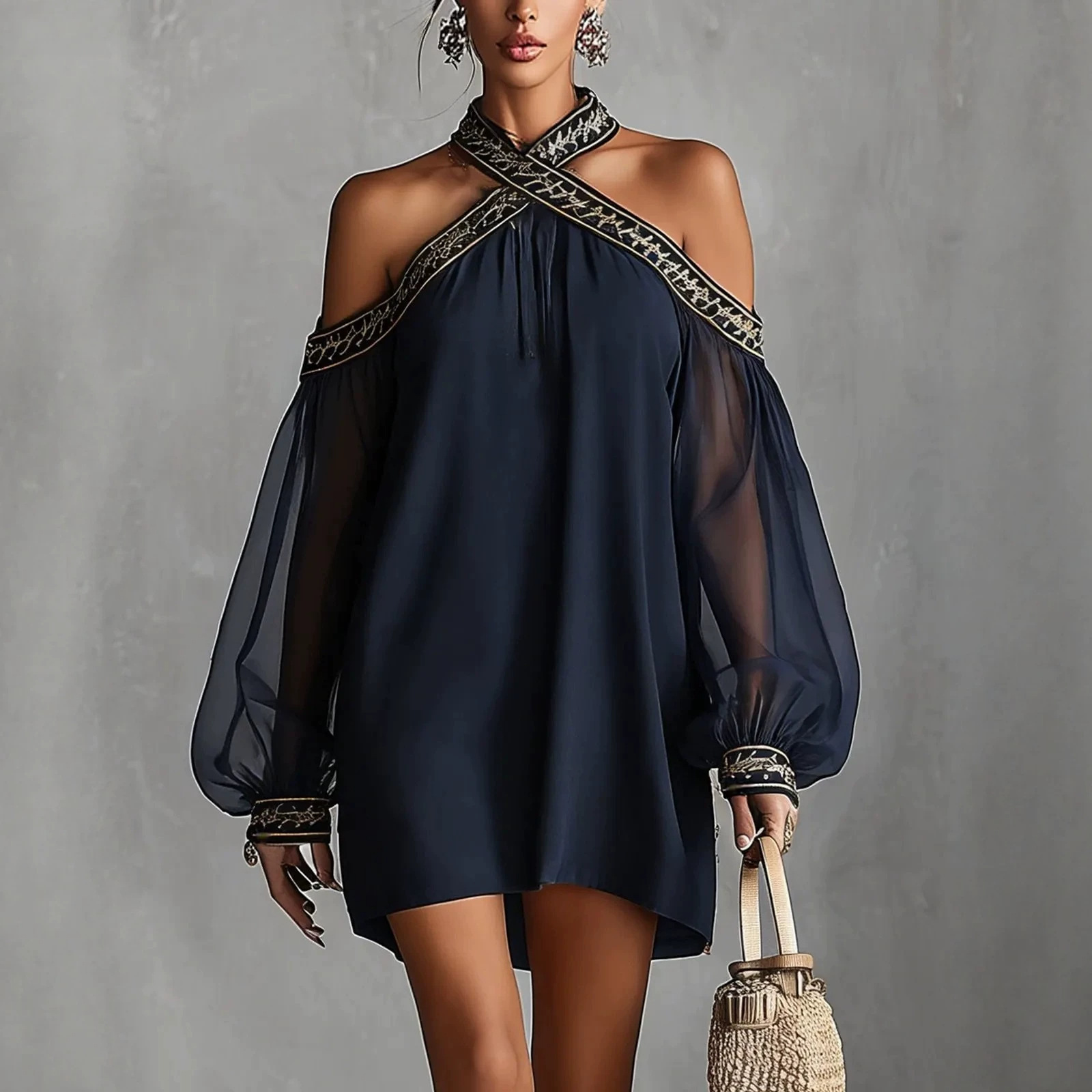 Fashion Design Embroidered Strapless Dress with Off-Shoulder Sheer Lantern Sleeve Loose Slimming Resort Style