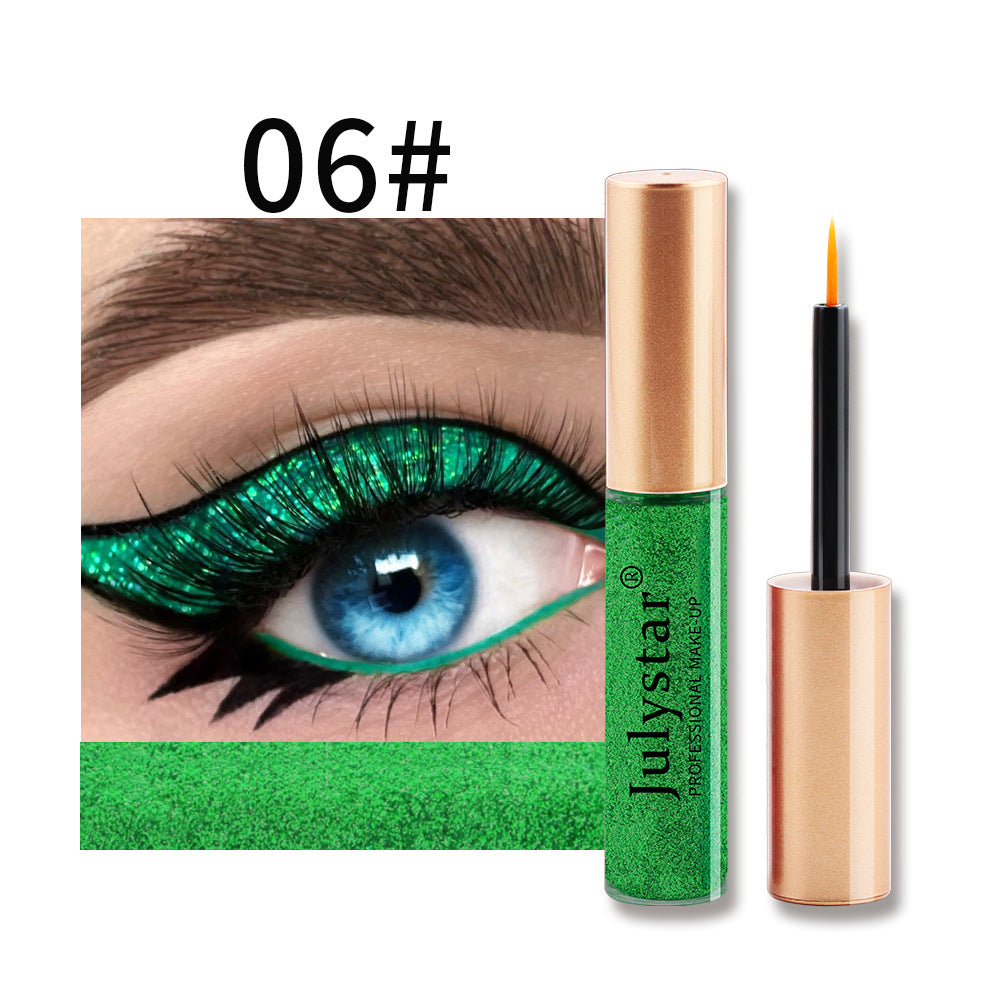 Green glitter liquid eyeliner with gold cap, featuring an eye application sample showing green glitter eyeshadow.