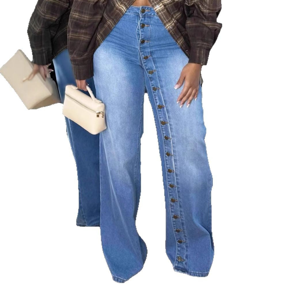 Heavy-duty straight leg jeans with multi-button design from Plush Fashion Hub, shown in a natural pose.