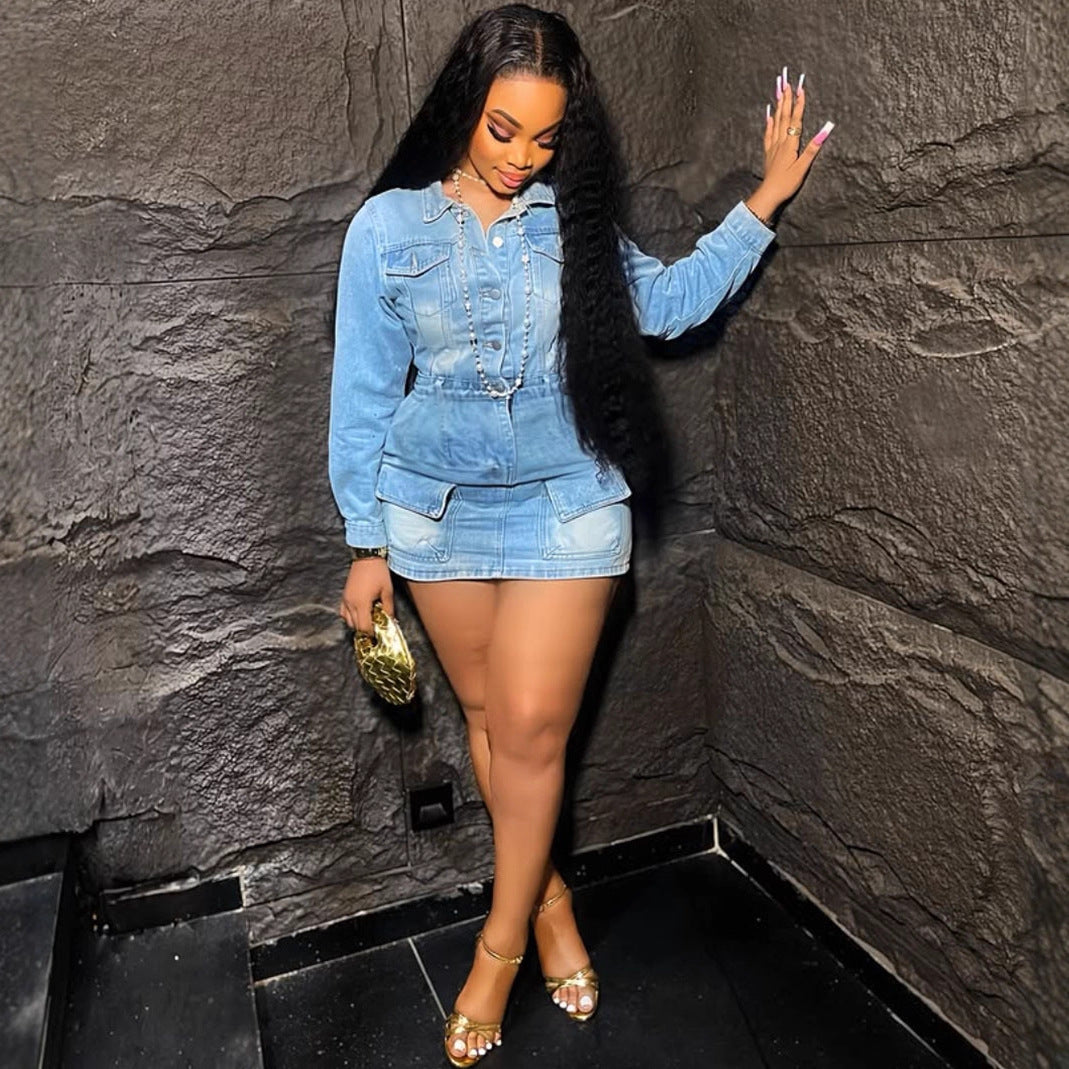 Women's washed stretch denim streetwear mini dress with multi-pockets by Plush Fashion Hub, featuring a casual, trendy design.