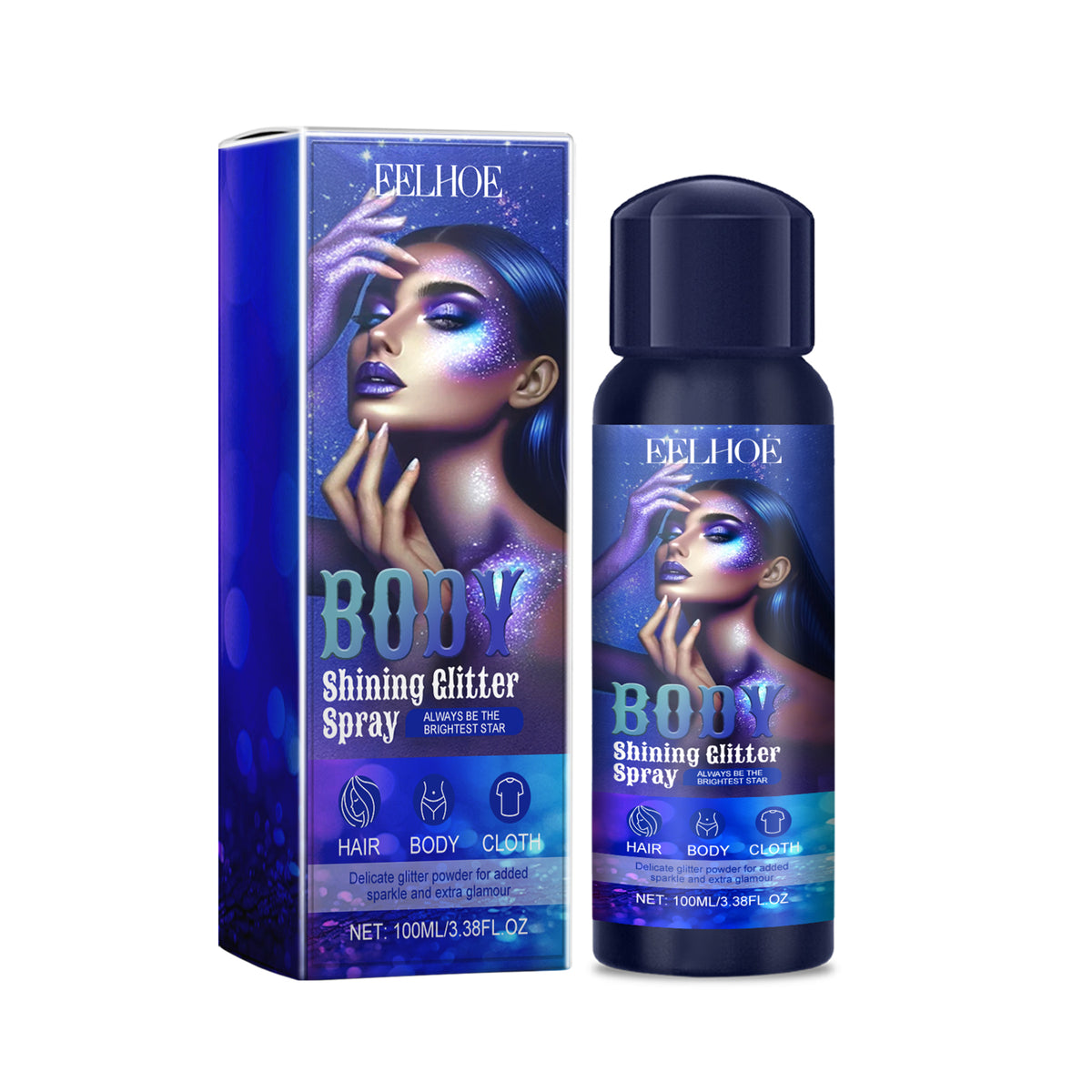 Blue plastic bottle and box of Eelhoe body shining glitter spray with graphic of a woman and icons for hair, body, cloth.