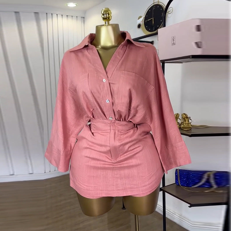 Modern Two-Piece Batwing Shirt and High-Waisted Skirt Set