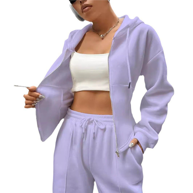 Relaxed hooded zip-up top and wide-leg trousers two-piece set from Plush Fashion Hub, shown in soft fabric with a casual fit.