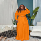 Plus size women's two-piece skirt set with long sleeves, stylish and trendy outfit for women by Trendy Attic Store01.