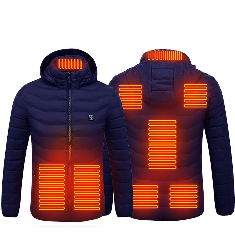 Dark blue quilted heated nylon puffer jacket with hood, front zipper, and glowing orange heating elements.