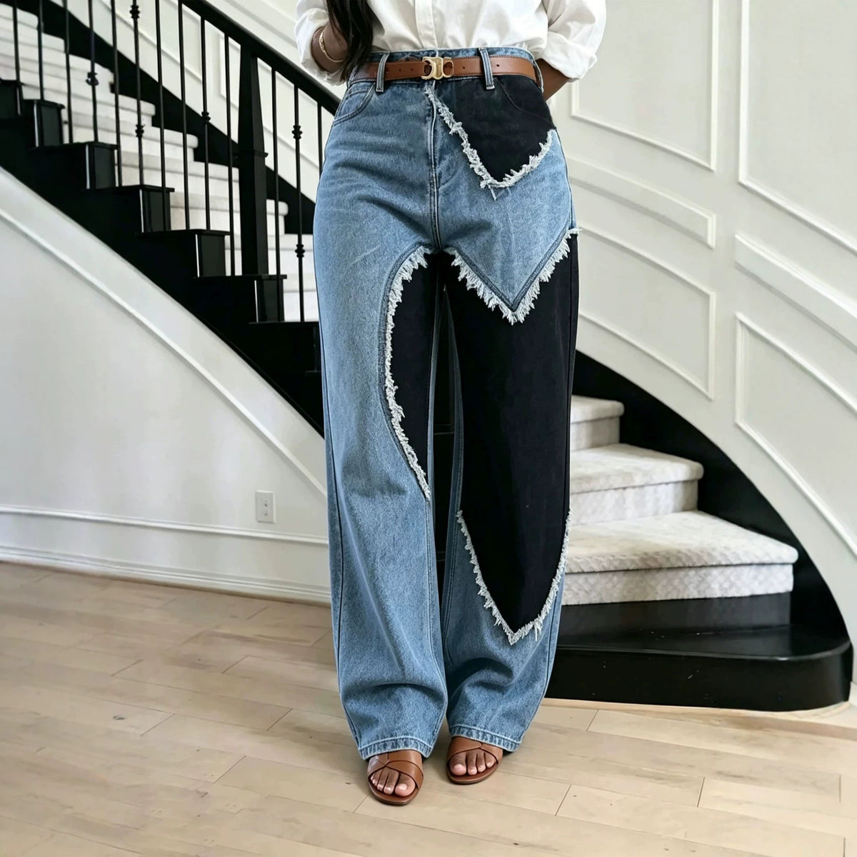 Color block patchwork heart raw hem denim jeans by Plush Fashion Hub, showing a stylish design with colorful patchwork and frayed hems.