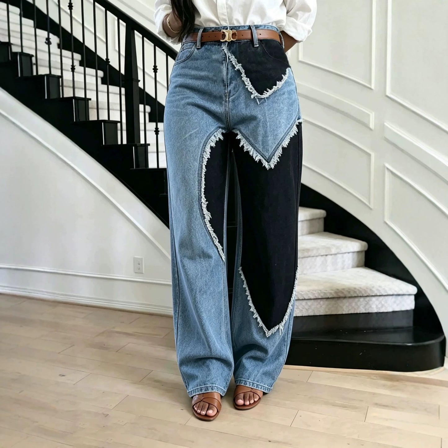 Color block patchwork heart raw hem denim jeans by Plush Fashion Hub, showing a stylish design with colorful patchwork and frayed hems.